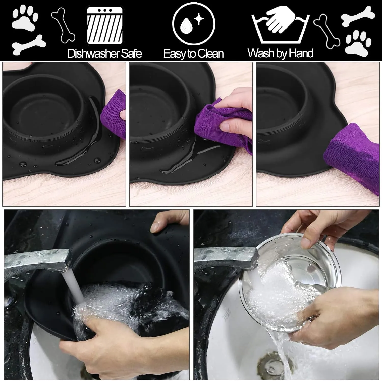 AsFrost Dog Food Bowls Stainless Steel Pet Bowls & Dog Water Bowls No Spill Non Skid, Feeding Bowls with Dog Bowls Silicone Mat for Small Medium Large Size Dogs, Cat Pet Dog Dishes Set, Black, 3 Cup