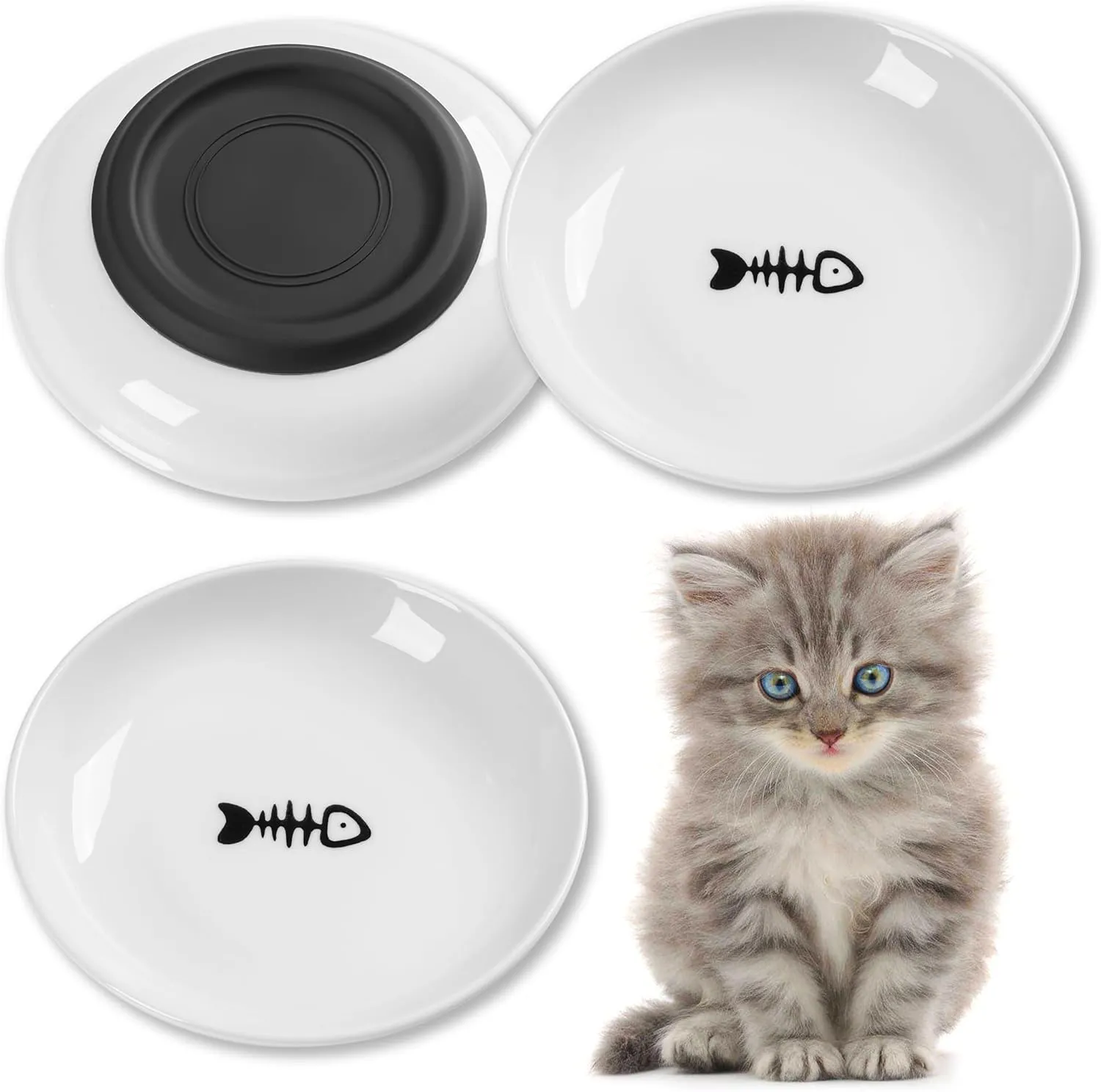 Cat Food Bowls, Whisker Friendly Ceramic Cat Bowls with Nonslip Silicone Bottom, Pack of 3 Quiet Cat Dishes and Plates for Feeding Indoor Cats, Kittens and Small Dogs(Fishbone)