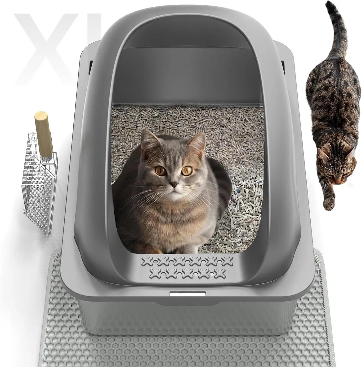 Cat Stainless Steel Litter Box with Lid, Kitty Extra Large Metal Litter Boxes XL High Sided with Mat and Scoop for Big Cats Indoor, Non-Sticky, Anti-Leakage, Easy Cleaning