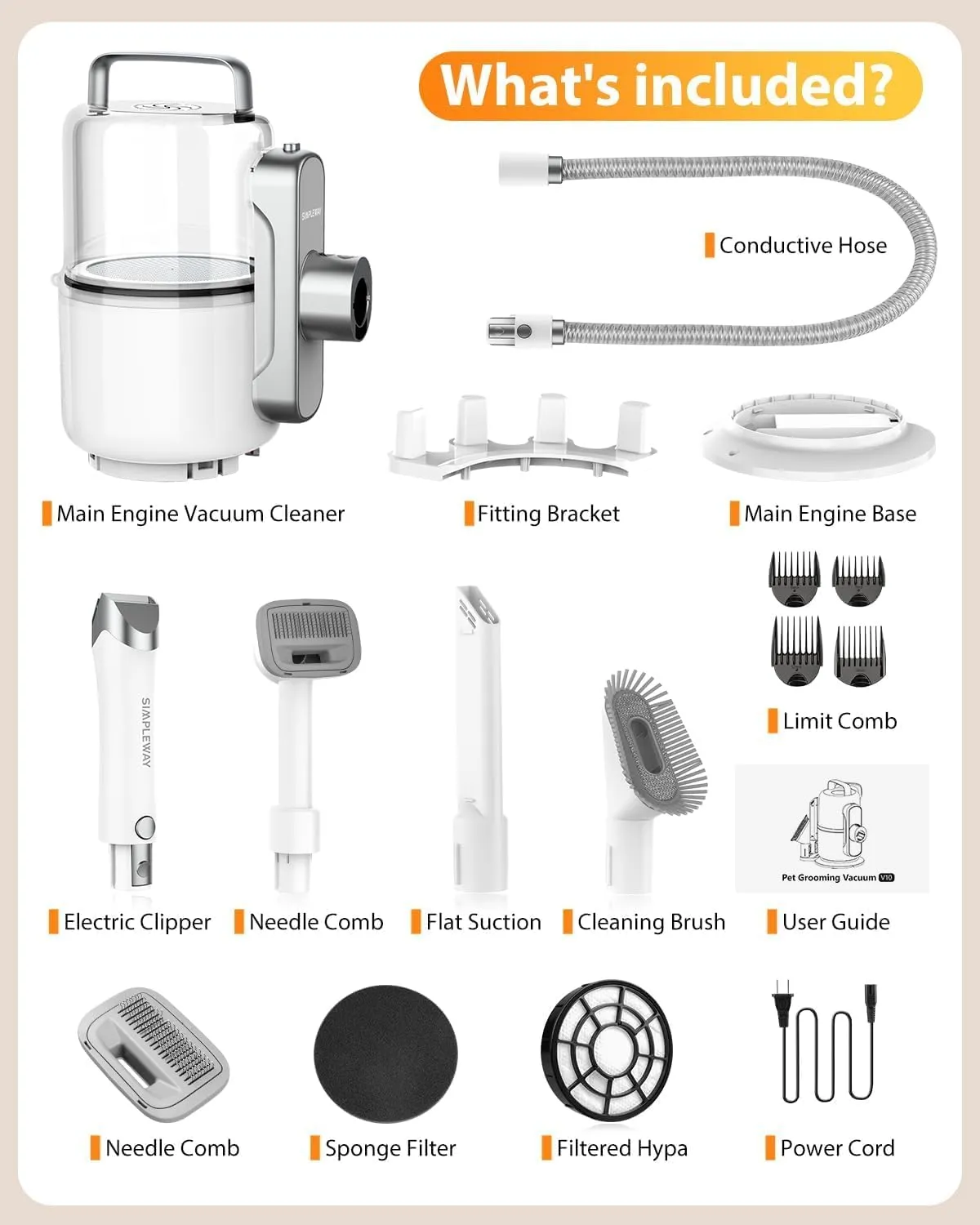 Dog Grooming Vacuum Kit for Shedding: Professional Hair Clippers Pet Groomer 2.1L Dust Cup 10000Pa Powerful Deshedding Brush with 6 Pet Grooming Tools Low Noise Home Cat Cleaning (Off-white)