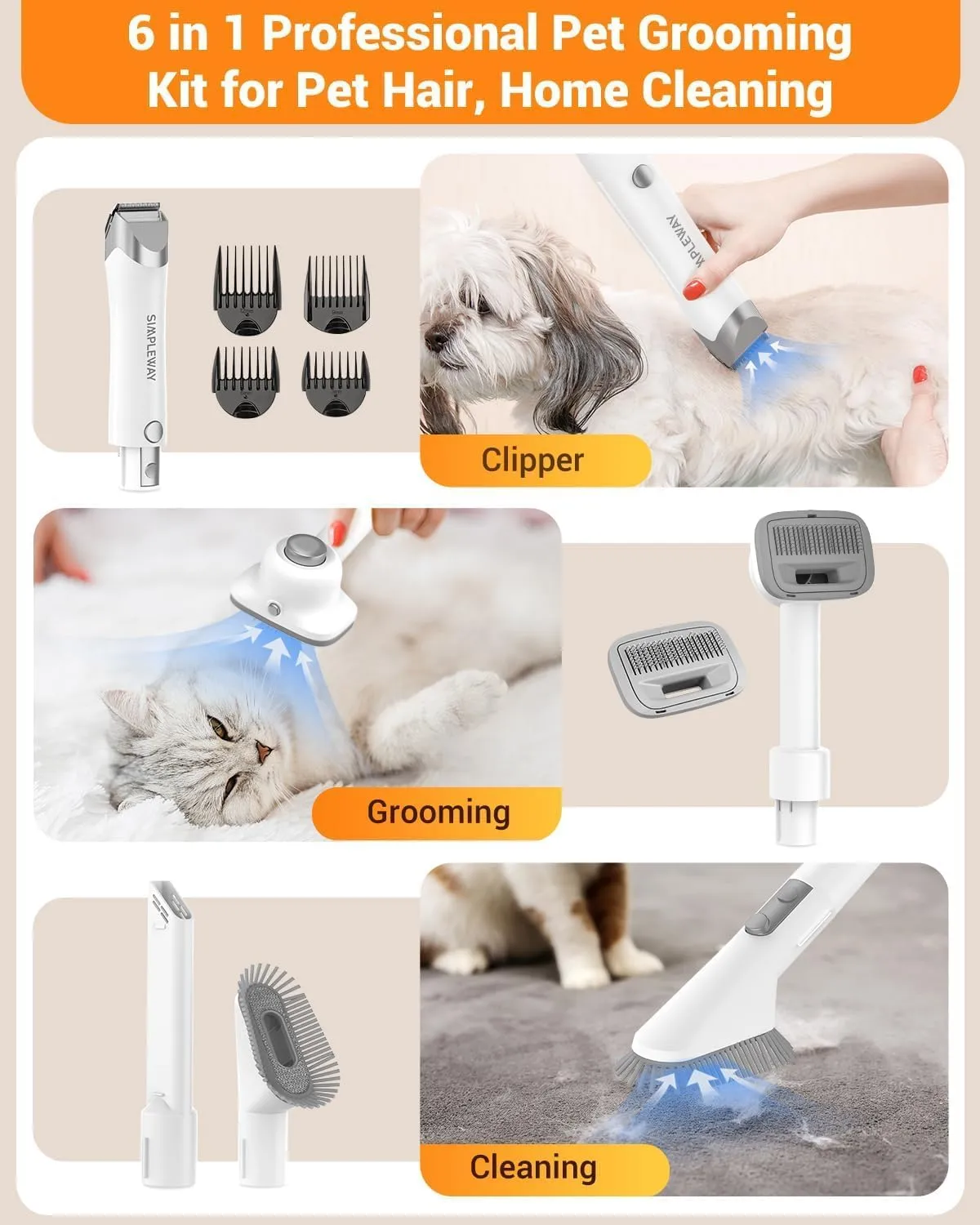 Dog Grooming Vacuum Kit for Shedding: Professional Hair Clippers Pet Groomer 2.1L Dust Cup 10000Pa Powerful Deshedding Brush with 6 Pet Grooming Tools Low Noise Home Cat Cleaning (Off-white)