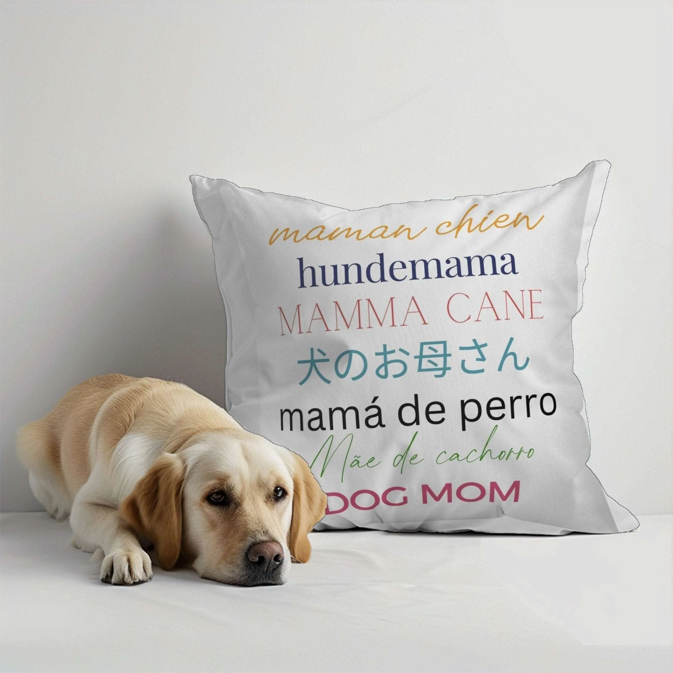 DOG MOM 7-Languages Square Throw Pillow, Choose Fabric