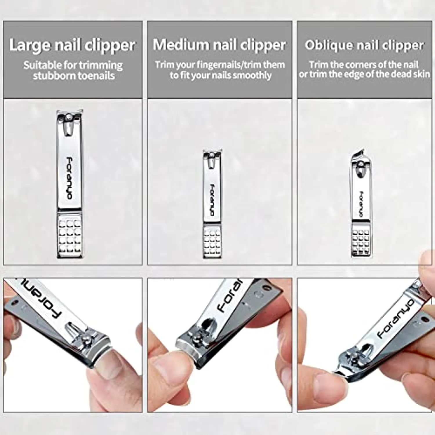 Foranyo Nail Clipper Set - 3 Pack Nail Clippers for Men Women, Stainless Steel Fingernail & Toenail Clippers Nail Cutter Set for Thick Nails [Silver]