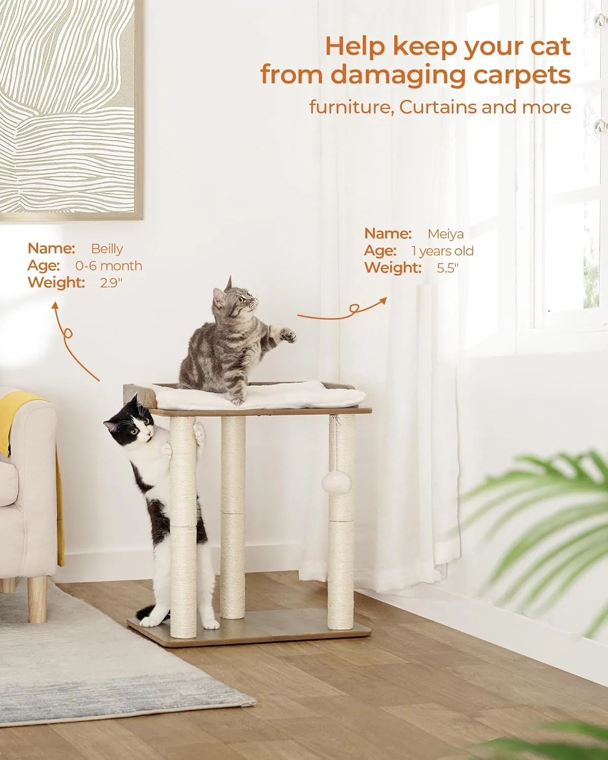 FourFurPets 22in Cat Tree Tower Condo, Cat Scratch Posts for Indoor Cats, Big Plate, Three 23.6in Full Sisal Scratching Posts, Greige