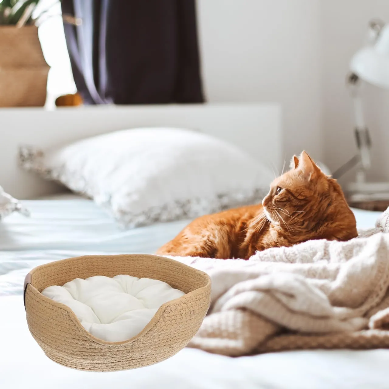 FRCOLOR Straw Cat Bed Scratcher with Cushion Rattan Pet Nest Cute Cat Beds Summer Pet Nest Cattail Grass Woven Basket Medium Round Sleeping Indoor