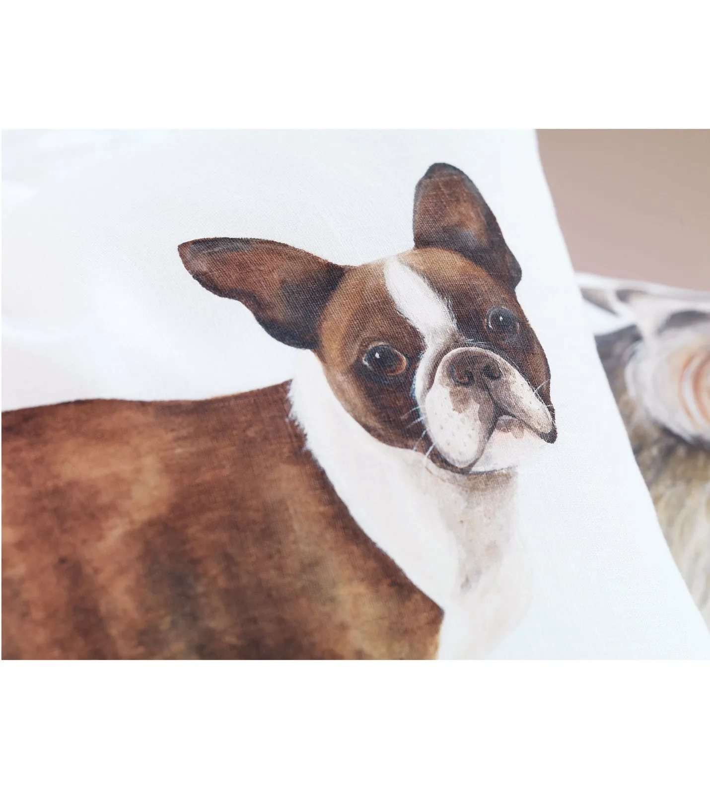 Hand-Painted Boston Terrier Dog on White Linen Throw Pillow Cover 20x20