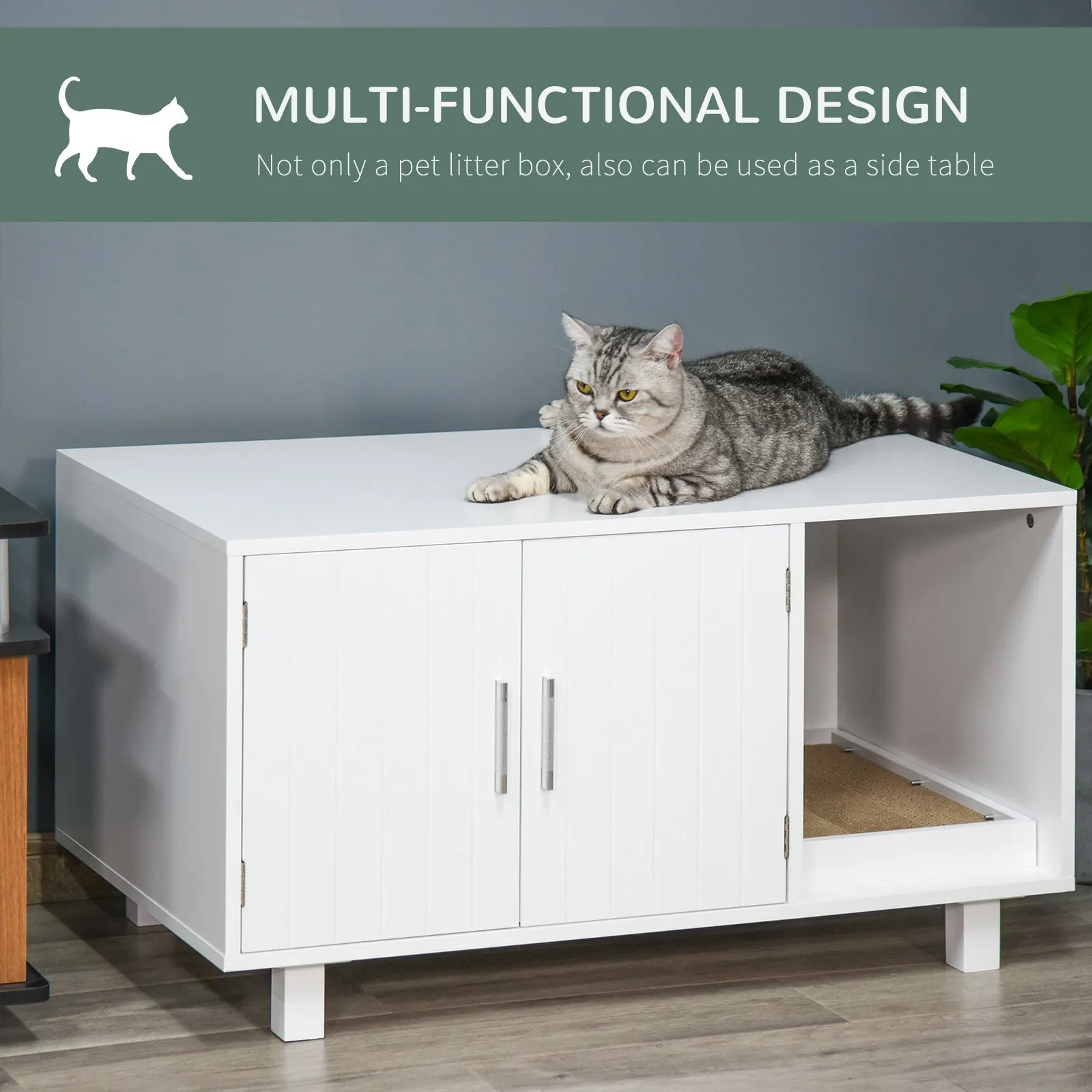 PawHut Cat Litter Box Enclosure & House w/ Nightstand/End Table Design, White