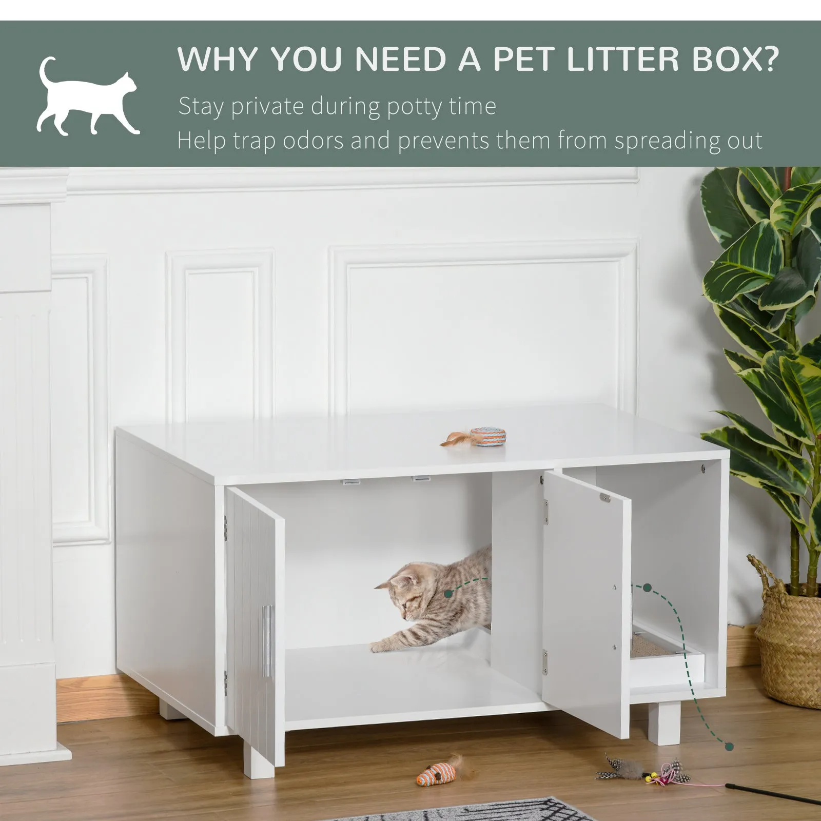 PawHut Cat Litter Box Enclosure & House w/ Nightstand/End Table Design, White
