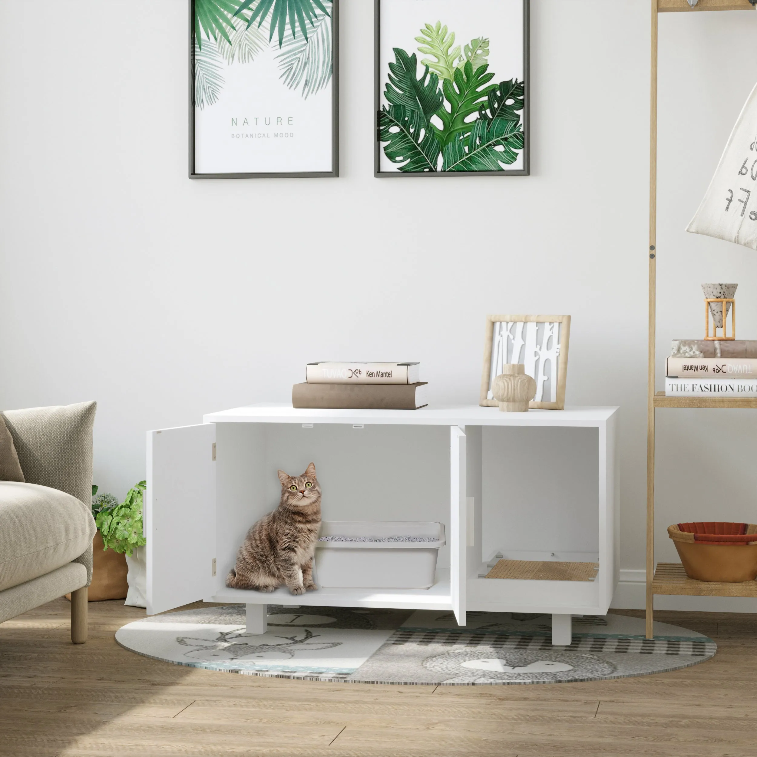 PawHut Cat Litter Box Enclosure & House w/ Nightstand/End Table Design, White