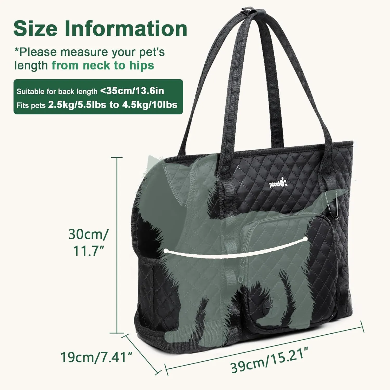 Pecute Dog Purse Carrier, Dog Carrier with Pockets for Small Dogs, Fits Dogs 5.5 lbs to 11 lbs, Lightweight Dog and Puppies Tote Bag Carrier, Outing, Travel, Vet, Black