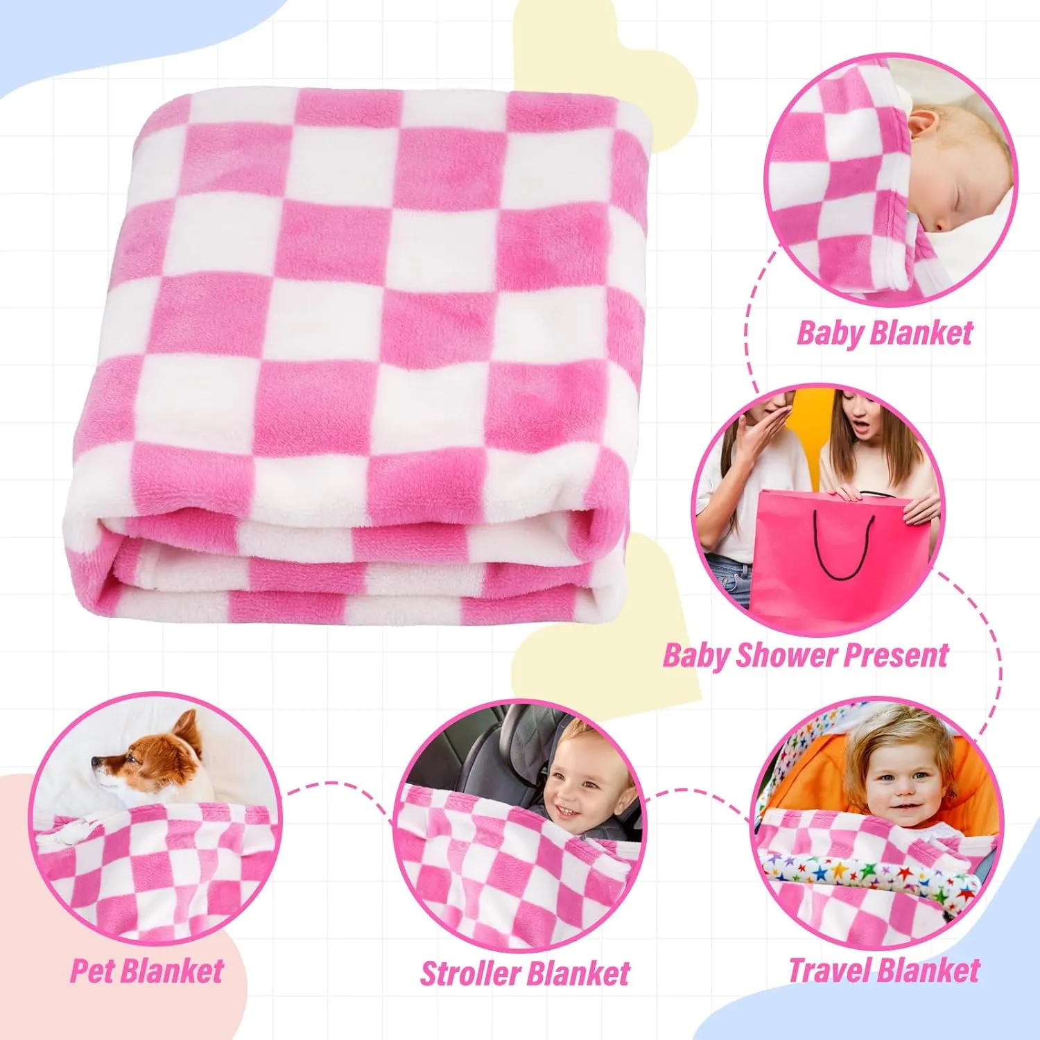 Plush Checkered Baby Blanket for Boys Girls Nursery, 30"*40" Warm Short Fleece Blanket Neutral for Infant Newborn, Small Fuzzy for Sleeping, Chenille Baby for Stroller (Pink&White)