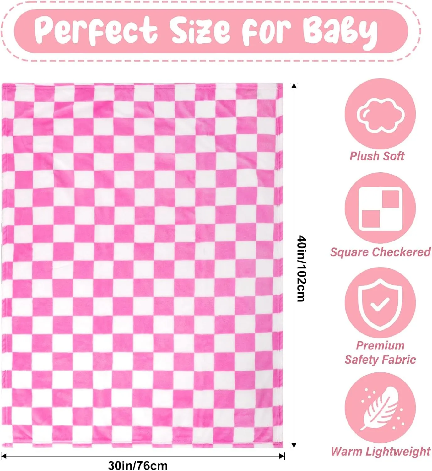 Plush Checkered Baby Blanket for Boys Girls Nursery, 30"*40" Warm Short Fleece Blanket Neutral for Infant Newborn, Small Fuzzy for Sleeping, Chenille Baby for Stroller (Pink&White)