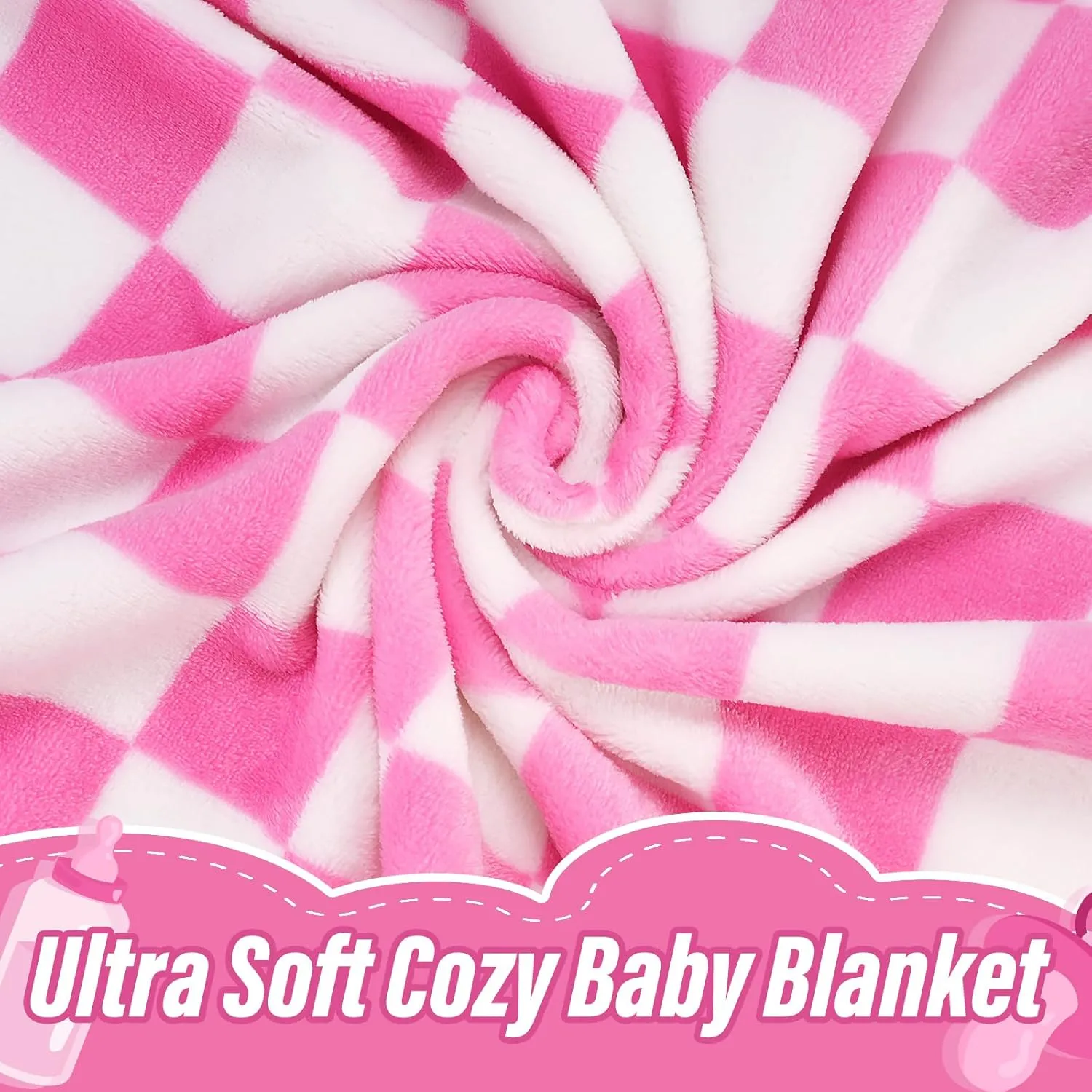 Plush Checkered Baby Blanket for Boys Girls Nursery, 30"*40" Warm Short Fleece Blanket Neutral for Infant Newborn, Small Fuzzy for Sleeping, Chenille Baby for Stroller (Pink&White)