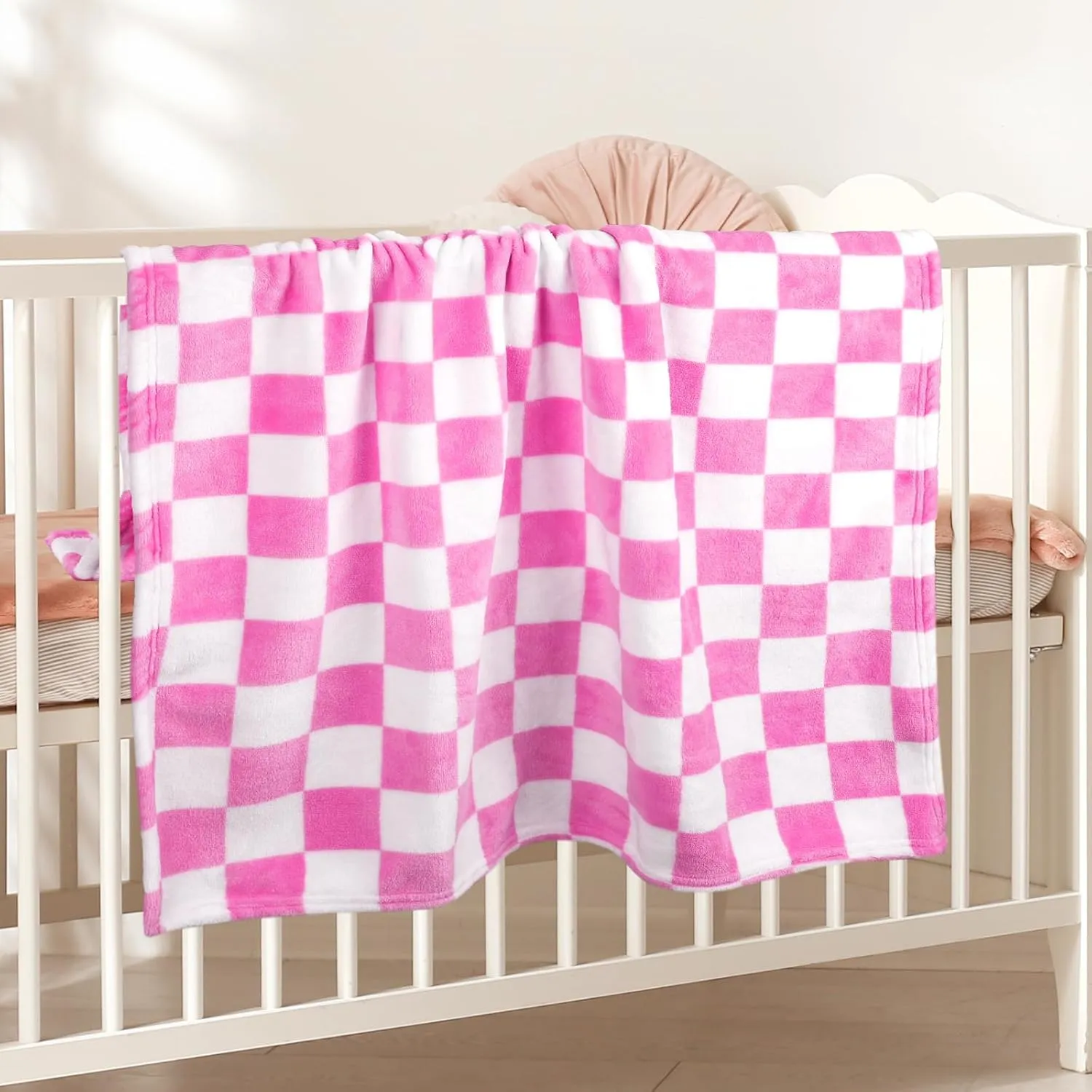 Plush Checkered Baby Blanket for Boys Girls Nursery, 30"*40" Warm Short Fleece Blanket Neutral for Infant Newborn, Small Fuzzy for Sleeping, Chenille Baby for Stroller (Pink&White)