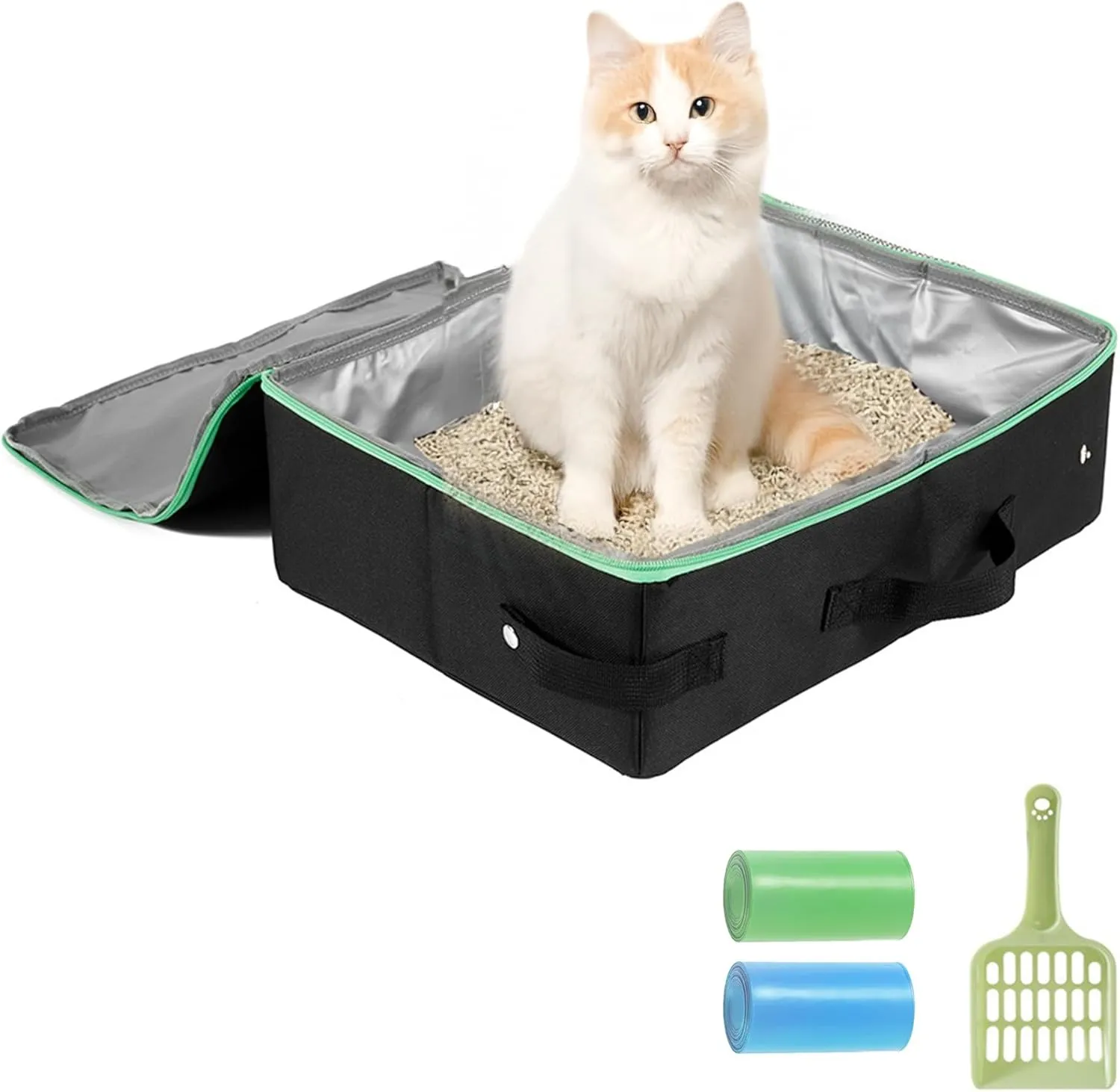Portable Cat Travel Litter Box Kit - Foldable With Lid, Collapsible for Hotel Stays and Road Trips, 15.7x11.8x5.1 Inch