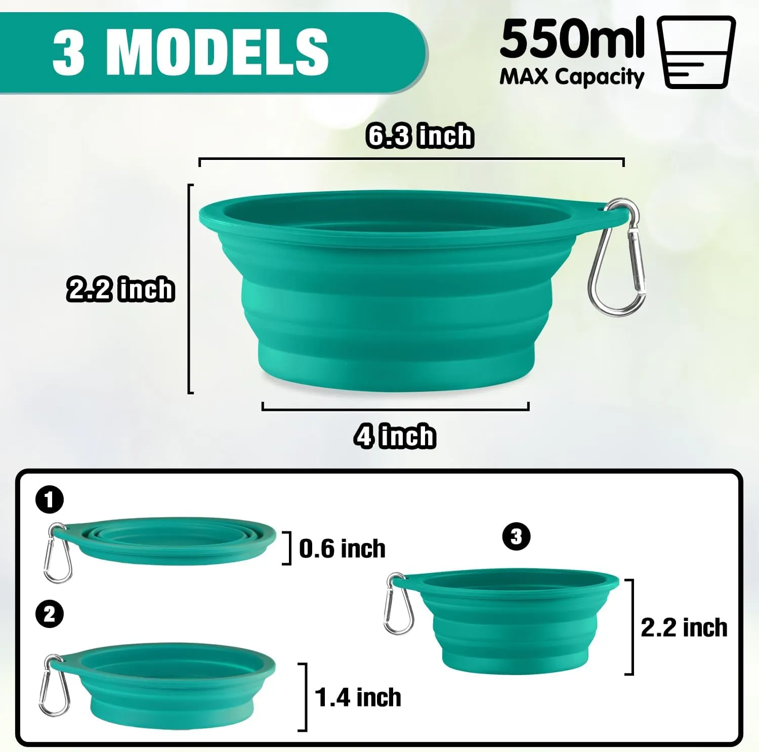 Rest-Eazzzy 2-Pack Silicone Collapsible Dog Bowls, BPA Free Dishwasher Safe, Portable Foldable Travel Bowl, Food Water Feeding Cup Dish for Dogs Cats with 2 Carabiners (Green, Pink, 550 ML)