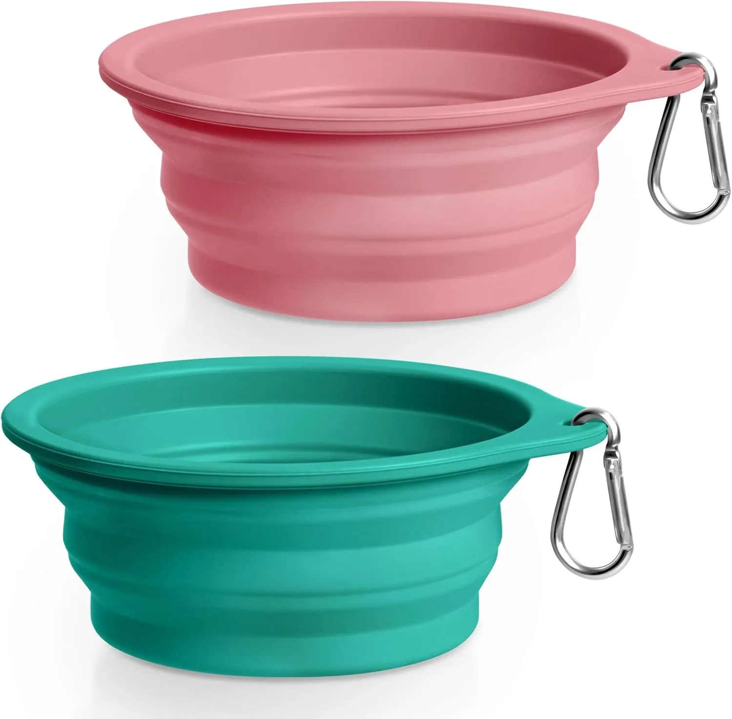 Rest-Eazzzy 2-Pack Silicone Collapsible Dog Bowls, BPA Free Dishwasher Safe, Portable Foldable Travel Bowl, Food Water Feeding Cup Dish for Dogs Cats with 2 Carabiners (Green, Pink, 550 ML)