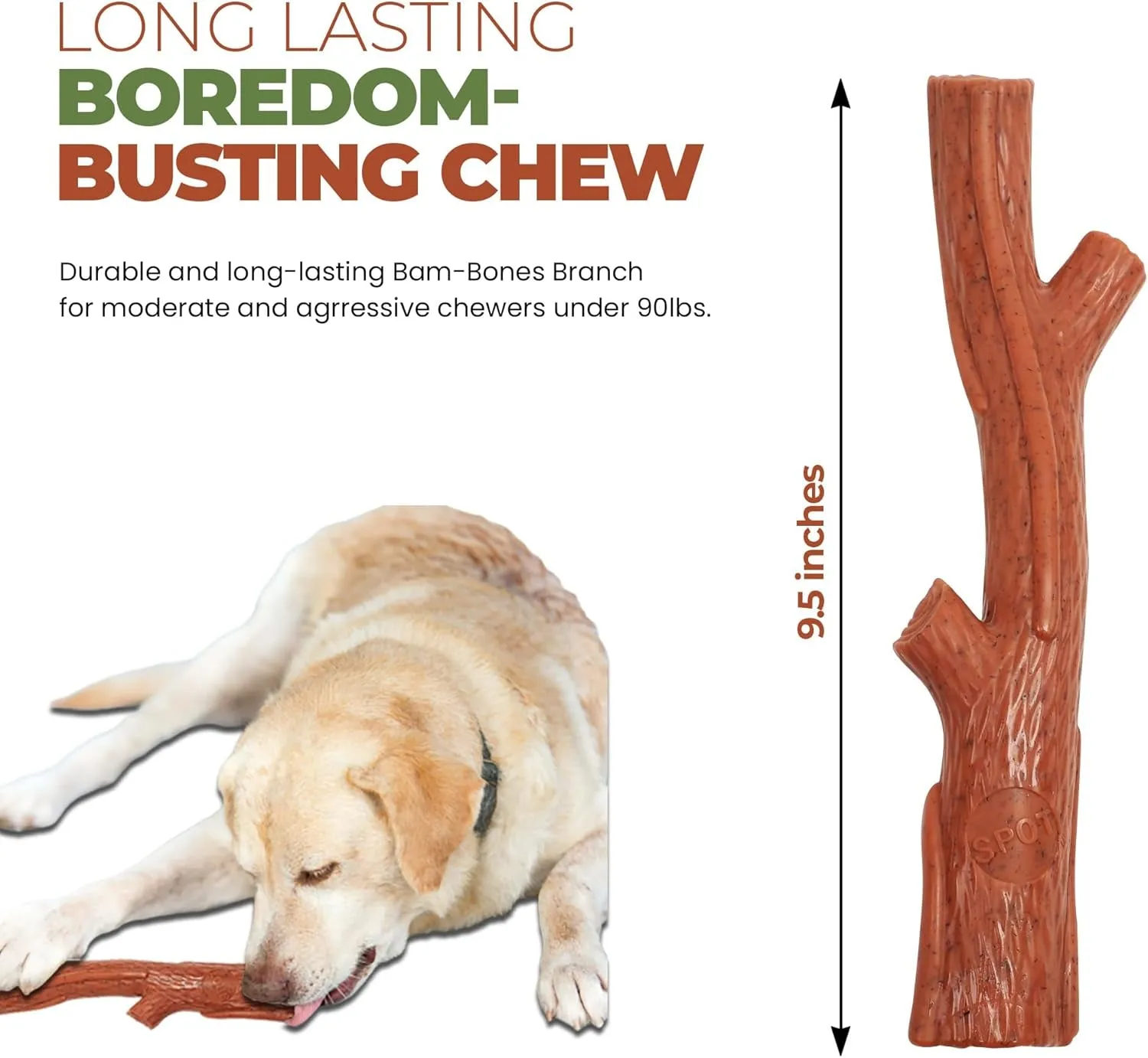 SPOT Bam-Bones plus Branch -Bamboo Fiber & Nylon, Durable Long Lasting Dog Chew for Aggressive Chewers – Great Toy for Adult Dogs & Teething Puppies under 90Lbs, Non-Splintering, 9.5In, Beef Flavor