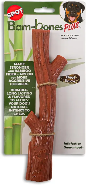 SPOT Bam-Bones plus Branch -Bamboo Fiber & Nylon, Durable Long Lasting Dog Chew for Aggressive Chewers – Great Toy for Adult Dogs & Teething Puppies under 90Lbs, Non-Splintering, 9.5In, Beef Flavor