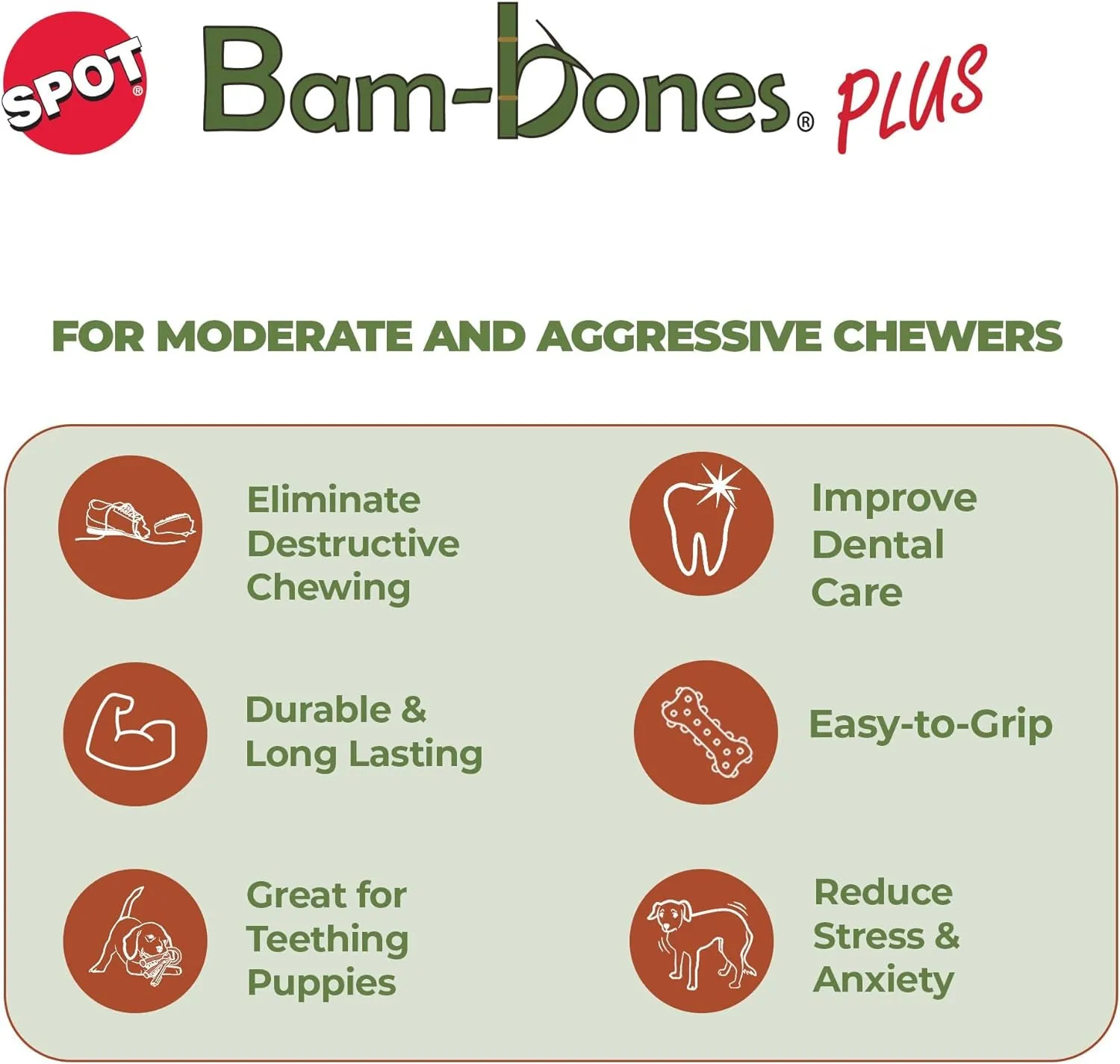 SPOT Bam-Bones plus Branch -Bamboo Fiber & Nylon, Durable Long Lasting Dog Chew for Aggressive Chewers – Great Toy for Adult Dogs & Teething Puppies under 90Lbs, Non-Splintering, 9.5In, Beef Flavor
