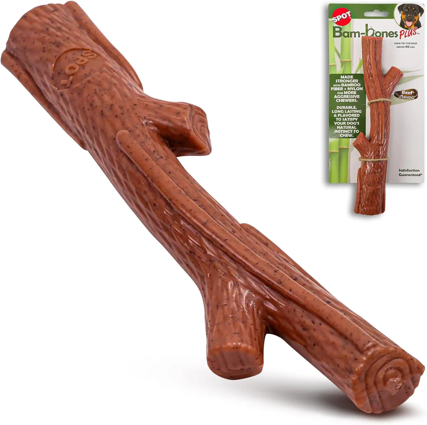 SPOT Bam-Bones plus Branch -Bamboo Fiber & Nylon, Durable Long Lasting Dog Chew for Aggressive Chewers – Great Toy for Adult Dogs & Teething Puppies under 90Lbs, Non-Splintering, 9.5In, Beef Flavor