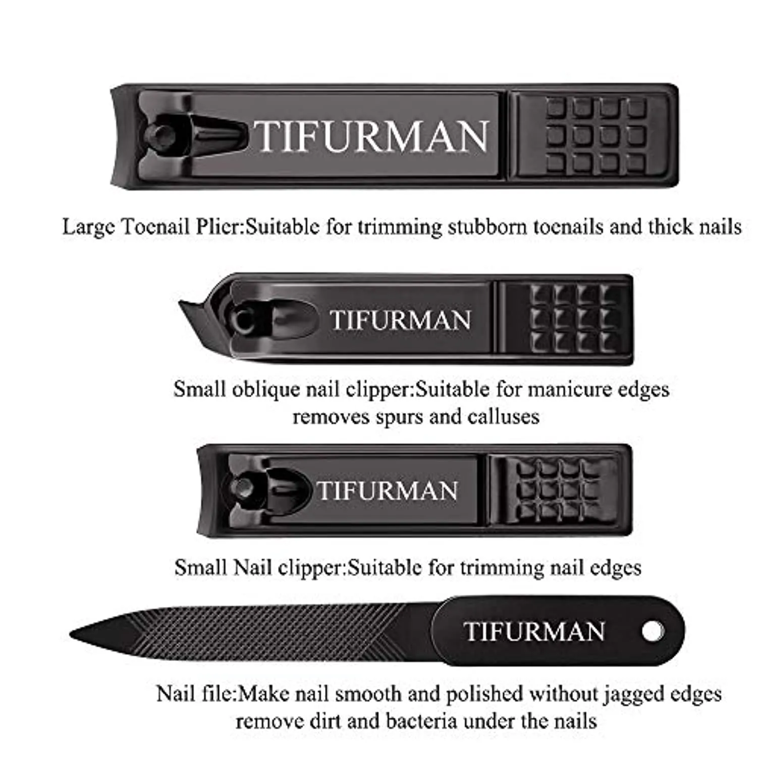 TIFURMAN Nail Clippers Set Black Matte Stainless Steel Nail Clippers for Men and Women, Perfect 4pcs Nail Clippers Set : Fingernail & Thick Toenail & Ingrown Nail Clippers & Nail File(Black)