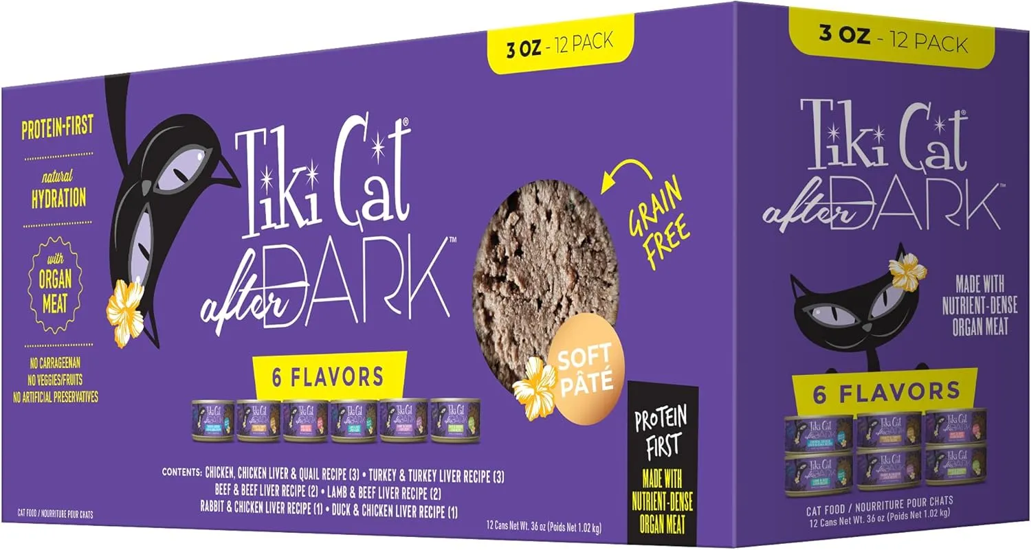 Tiki Cat After Dark Pt, Variety Pack, High-Protein and 100% Non-GMO Ingredients, Wet Cat Food for Adult Cats, 3 oz. Cans (Pack of 12)