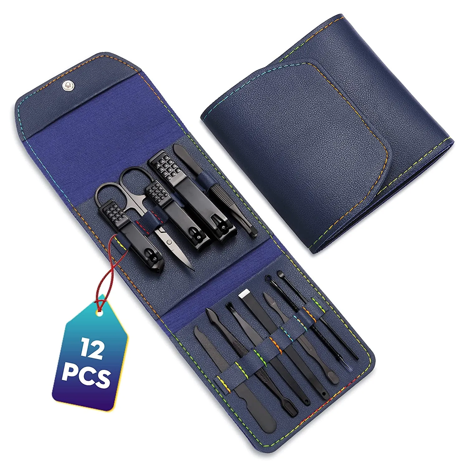 Tirdkid Gift for Man/Woman Nail Clipper Set, Manicure Set,fingernail clippers kit, Sharp Black Stainless Steel Pedicure and Manicure kit with PU Leather Case（Brown 12 In 1）