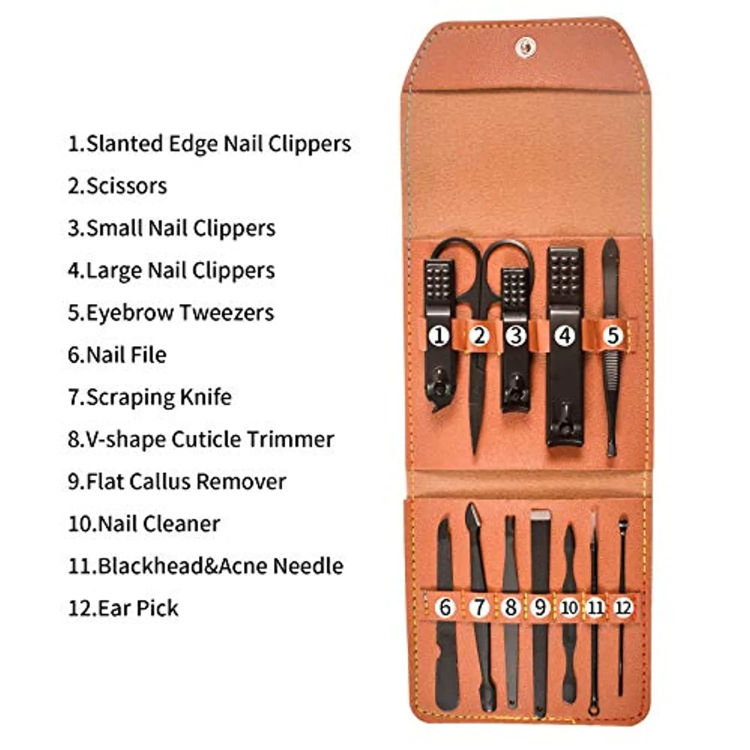 Tirdkid Gift for Man/Woman Nail Clipper Set, Manicure Set,fingernail clippers kit, Sharp Black Stainless Steel Pedicure and Manicure kit with PU Leather Case（Brown 12 In 1）