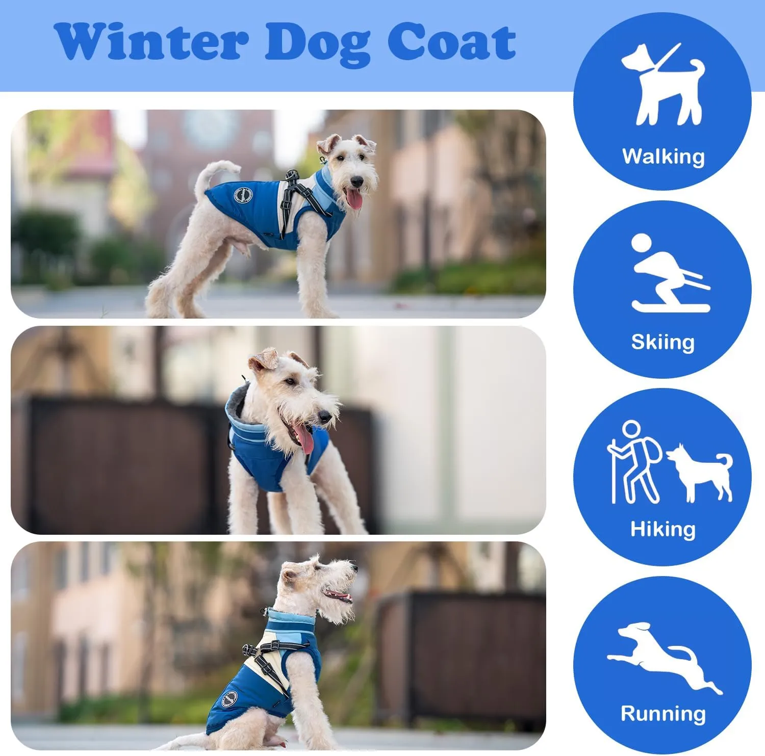 Winter Coat, Waterproof Jacket, Warm Turtleneck Fleece Vest With Built-in Harness, Reflective Snow Jacket Snowsuit for Small Medium Large Dogs, Blue M