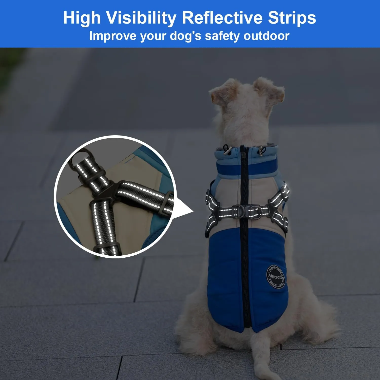 Winter Coat, Waterproof Jacket, Warm Turtleneck Fleece Vest With Built-in Harness, Reflective Snow Jacket Snowsuit for Small Medium Large Dogs, Blue M