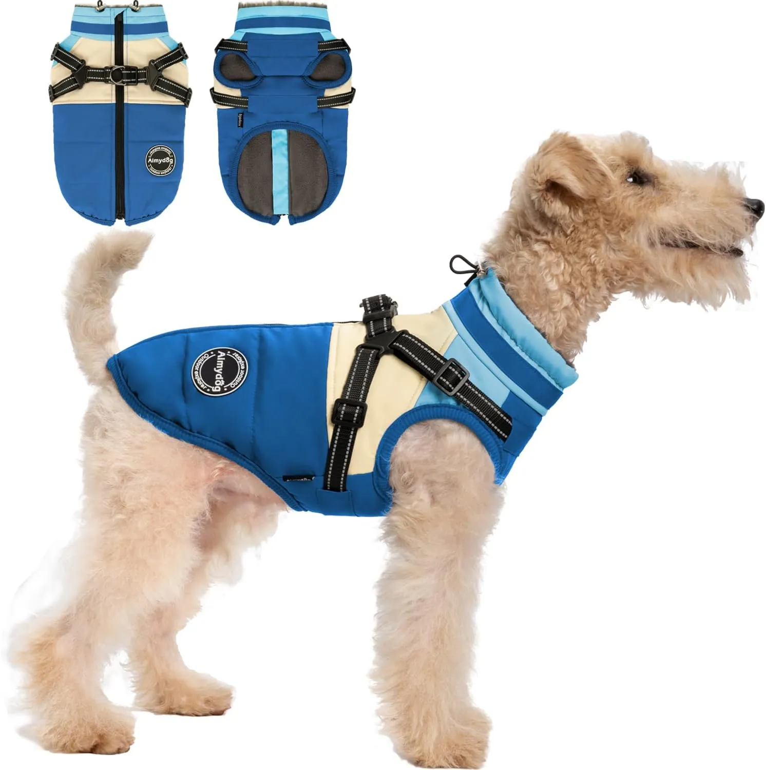 Winter Coat, Waterproof Jacket, Warm Turtleneck Fleece Vest With Built-in Harness, Reflective Snow Jacket Snowsuit for Small Medium Large Dogs, Blue M