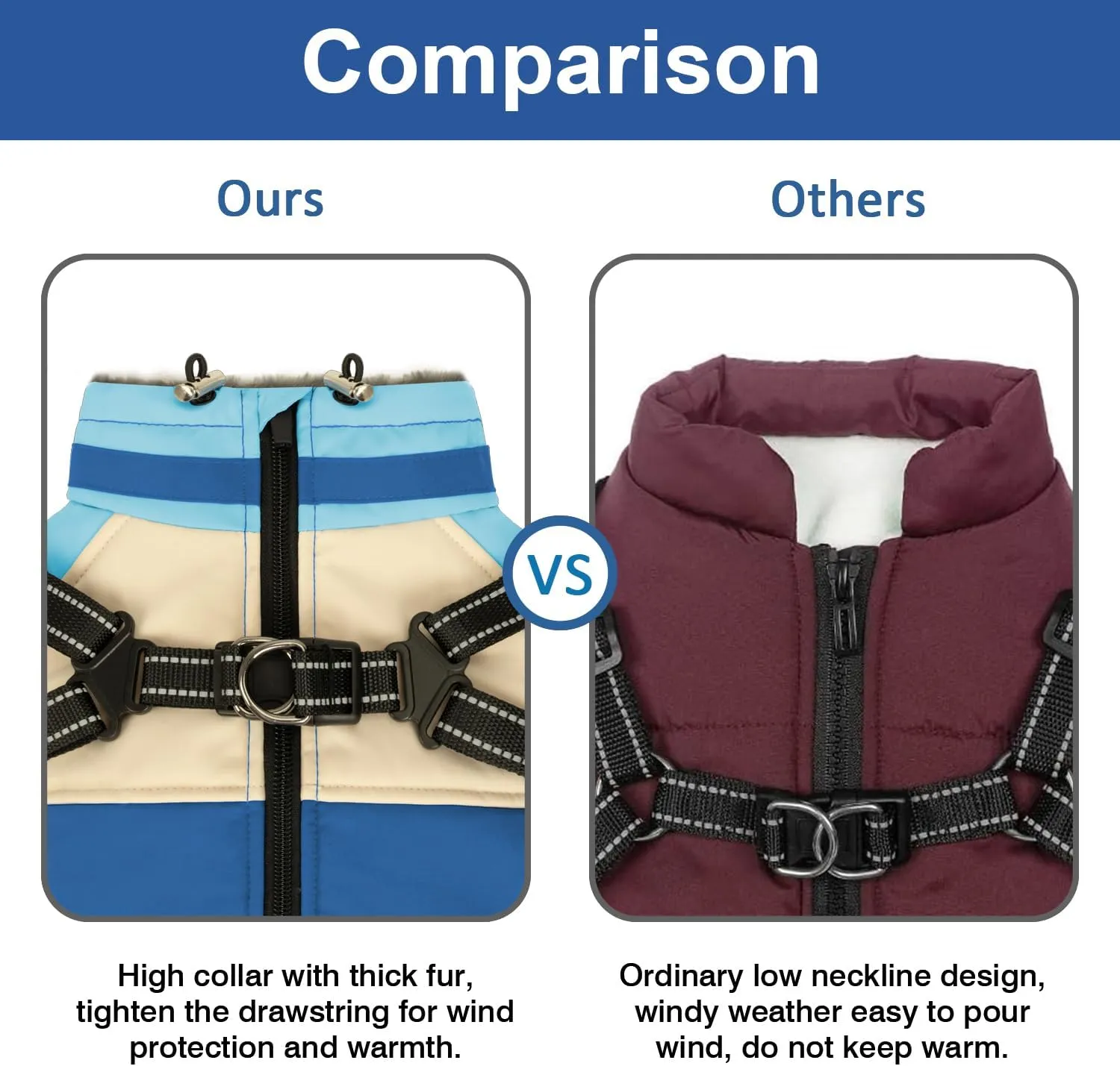 Winter Coat, Waterproof Jacket, Warm Turtleneck Fleece Vest With Built-in Harness, Reflective Snow Jacket Snowsuit for Small Medium Large Dogs, Blue M