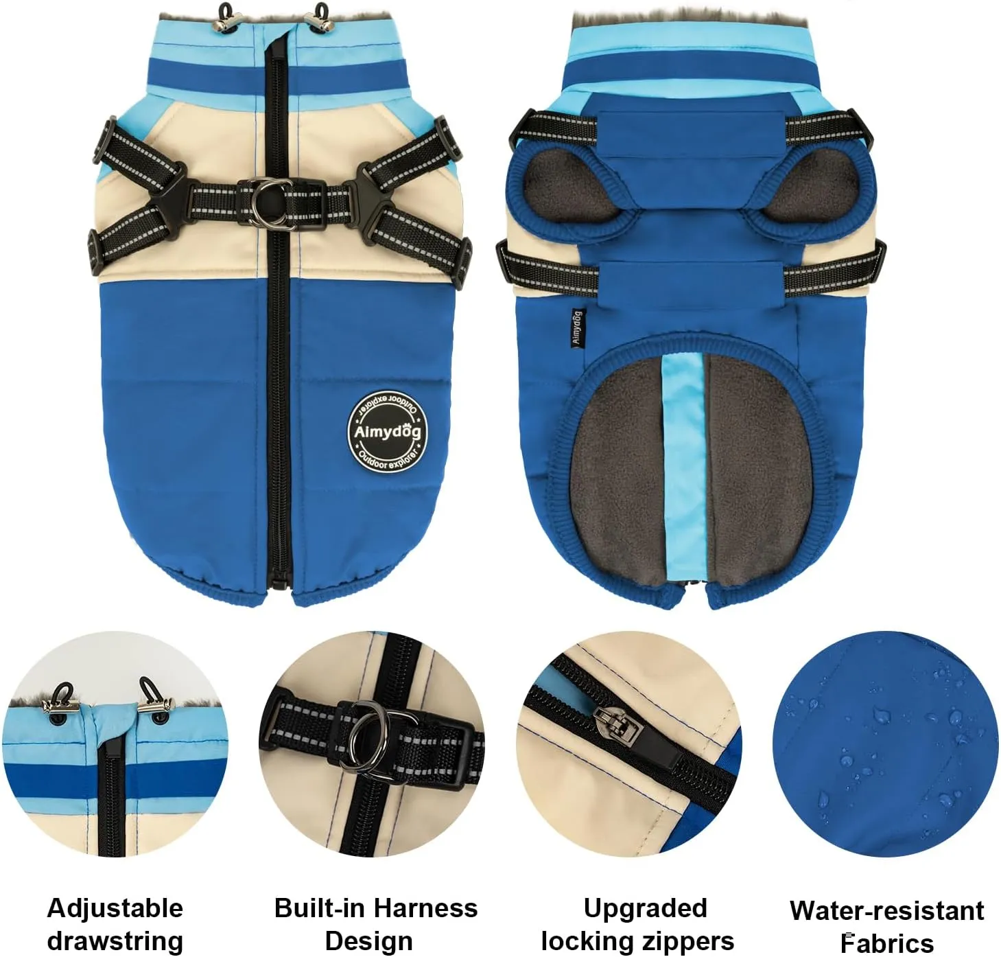 Winter Coat, Waterproof Jacket, Warm Turtleneck Fleece Vest With Built-in Harness, Reflective Snow Jacket Snowsuit for Small Medium Large Dogs, Blue M