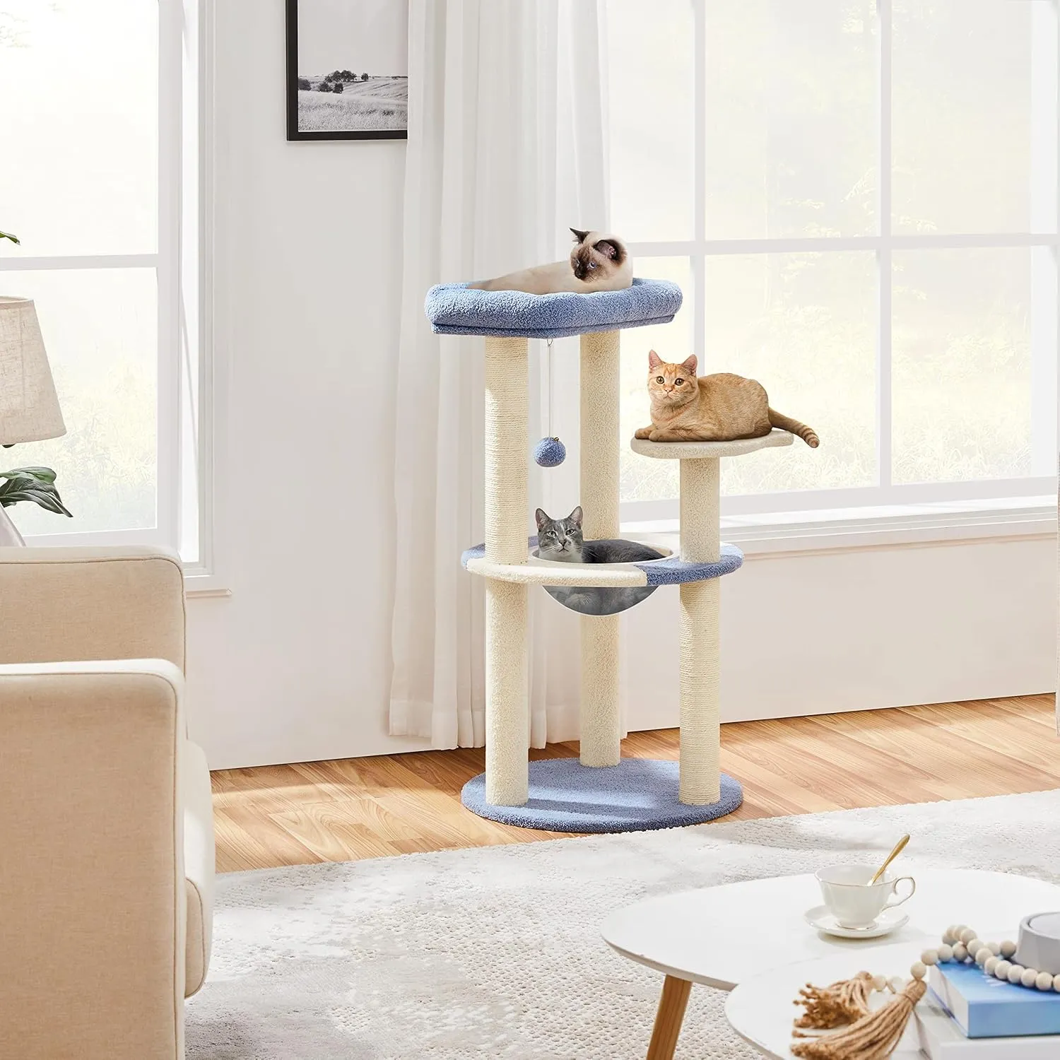 Yaheetech Cat Tree, 35.5in Cat Tower for Indoor Kittens, Kitty House with Scratching Posts & Padded Perch & Space Capsule, Cute Scratching Tree, Pet Furniture for Kittens, Blue/Beige