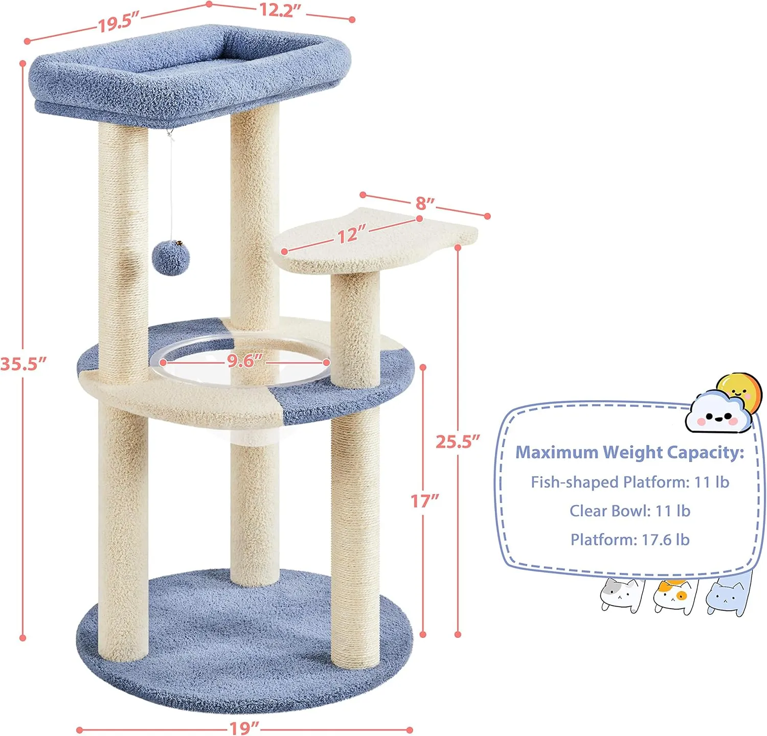 Yaheetech Cat Tree, 35.5in Cat Tower for Indoor Kittens, Kitty House with Scratching Posts & Padded Perch & Space Capsule, Cute Scratching Tree, Pet Furniture for Kittens, Blue/Beige